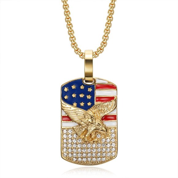 Gold American Flag Eagle Dog Tag Pendant Stainless Steel Patriotic Necklace - Picture 9 of 10